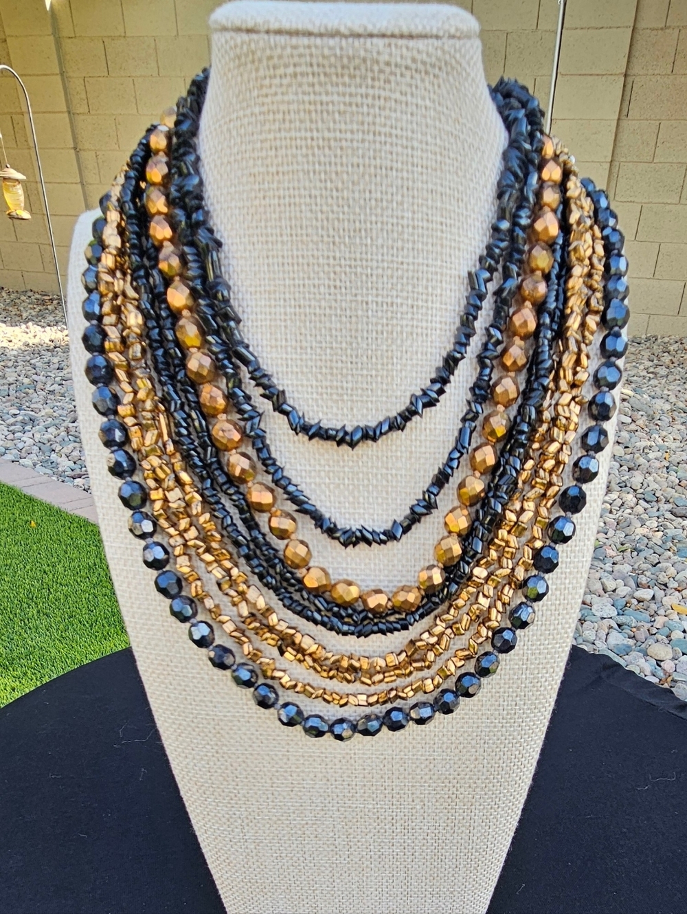 Multi-Strand Layered Black Gold Bead Statement Necklace Boho Glam Toggle Clasp